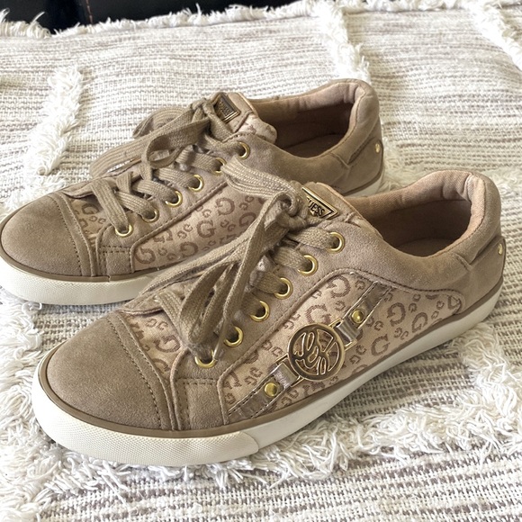 Guess Shoes - Guess monogram shoes tan and gold Womans sneakers size 7 1/2
